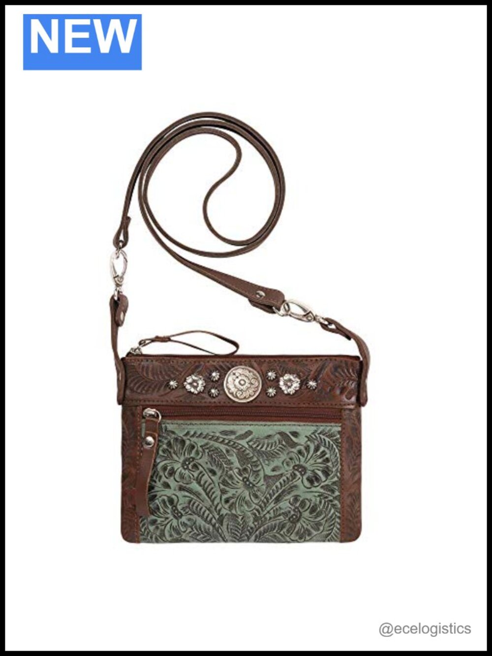 Hand Tooled Genuine Leather Crossbody Hip Bag Detachable Strap